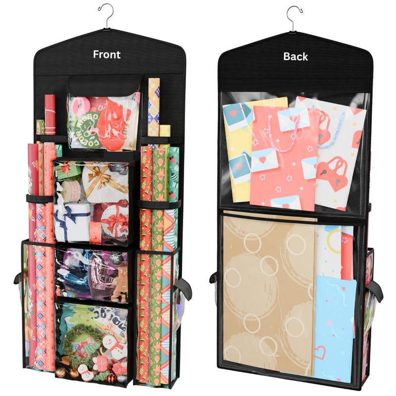 ProPik Hanging Double Sided Wrapping Paper Storage Organizer With Multiple Pockets Organize Your Gift Wrap, Gift Bags Bows Ribbons 40"X17" Fits 40 Inch Rolls Clear PVC Bag (Black) - Image 1